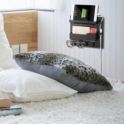 YONGAIJIA Bedside Shelf Wall Mount with Hooks, Cable Clips, No-Drill, Black | RV Shelf ,Camper, Dorm Room Essentials, Bunk Bed, Damage-Free Adhesive, Floating Organizer, Holds Phone Remote Glasses