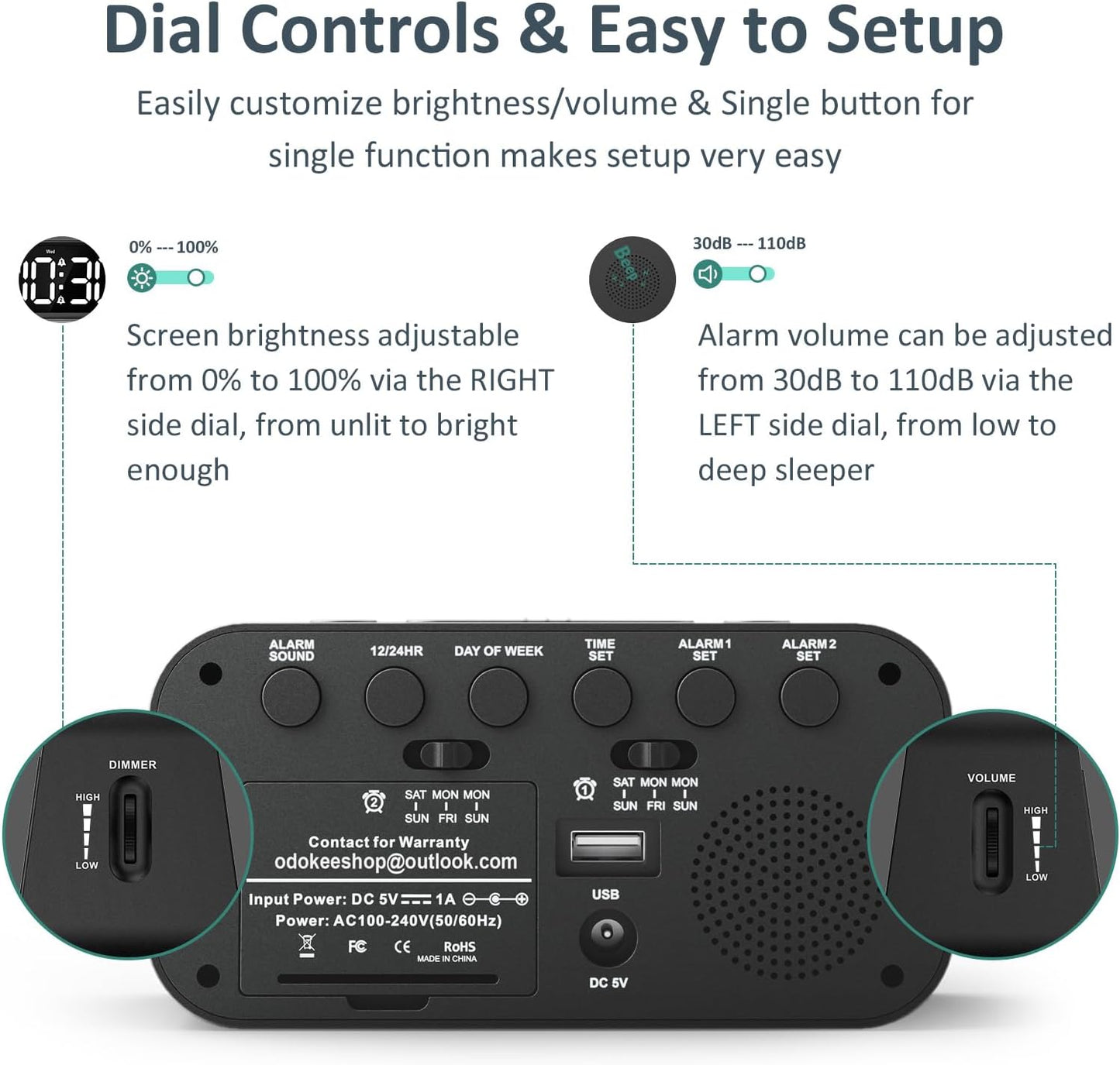 Odokee Digital Dual Alarm Clock for Bedroom with 0-100% Dimmable Display | Easy to Set Alarm Clock with Weekday/Weekend Mode - Loud Alarm for Heavy Sleepers with 5 Sounds Adjustable Volume - Blue