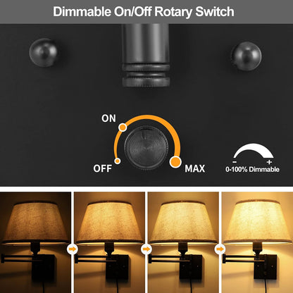 TRLIFE Wall Sconce Plug in, Dimmable Wall Sconces Set of Two Swing Arm Wall Lights with Plug in Cord and On/Off Dimmer Rotary Switch, 9.4" Medium Beige Fabric Shade(2 Pack, 2 Bulbs)