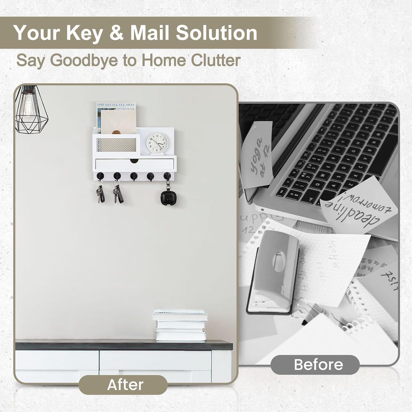 Key Holder for Wall with 5 Key Hooks and Storage Drawer | Key Holder Wall Mount, Mail Organizer for Entryway Living Room Farmhouse Home Decor