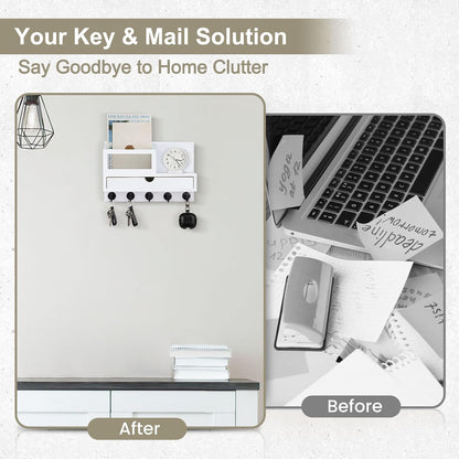Key Holder for Wall with 5 Key Hooks and Storage Drawer | Key Holder Wall Mount, Mail Organizer for Entryway Living Room Farmhouse Home Decor