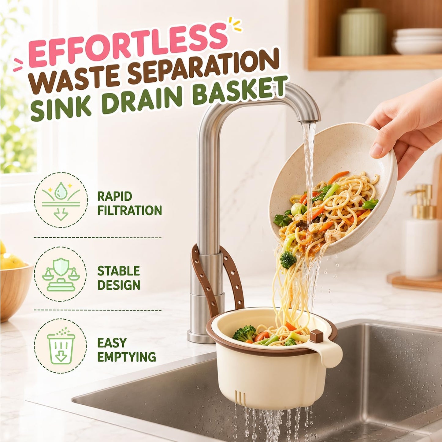Sink Filter Basket, Kitchen Sink Strainer Basket with Self-Cleaning & One-Touch Press, Hanging Sink Drain Basket for Draining, Washing, Storage, 5.7x5.1x3.5 Inches (Green)