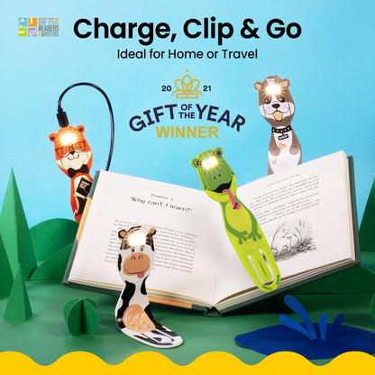 Gifts for Readers & Writers Rechargeable Book Light for Kids, Clip On Reading Light for Bed, 2in1 Flexilight Pals & Bookmark, 12 Hours of Light Once Charged, Includes USB Cable & 2 LED Lights, Dog