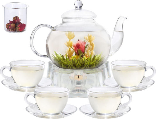Glass Teapot Set, 40OZ/1200ml Stovetop Safe Glass Tea Kettle with Removable Infuser & Tea Warmer, Tea Cups Set of 4, Blooming Tea & Loose Leaf Tea Maker Set for Women，4 Teacup and Saucers