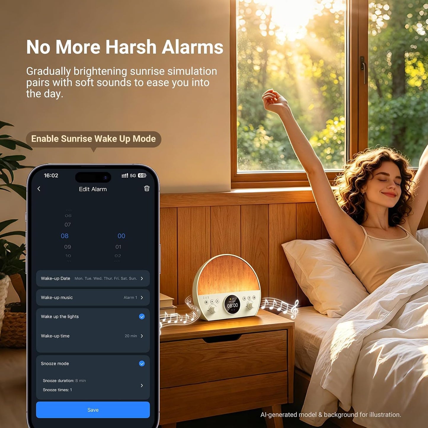 NEEWER NF03 Sunrise Alarm Clock Smart Wake Up Light, AI App Control, Timer | RGB IC W 2700K-6500K Night Reading Lamp, White Noise Sound Machine, Bluetooth Speaker, Compatible with Google Assistant Alexa