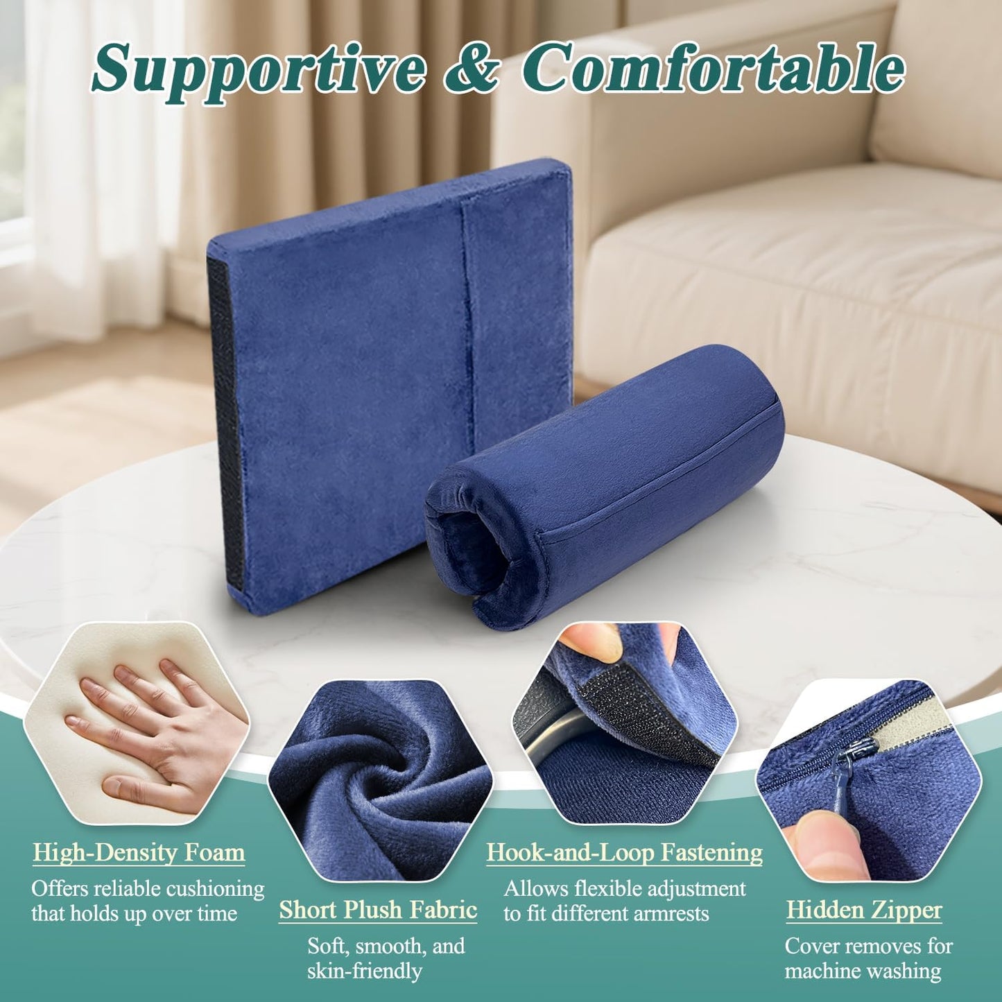 Wheelchair Armrest Covers Pads (2 Pcs), Foam Arm Rest Cover Cushion for Wheelchairs, Accessories Pads for Transport Electric Wheel Office Chair Arm Rests, Non-Slip Arm Support Cushions with Pockets