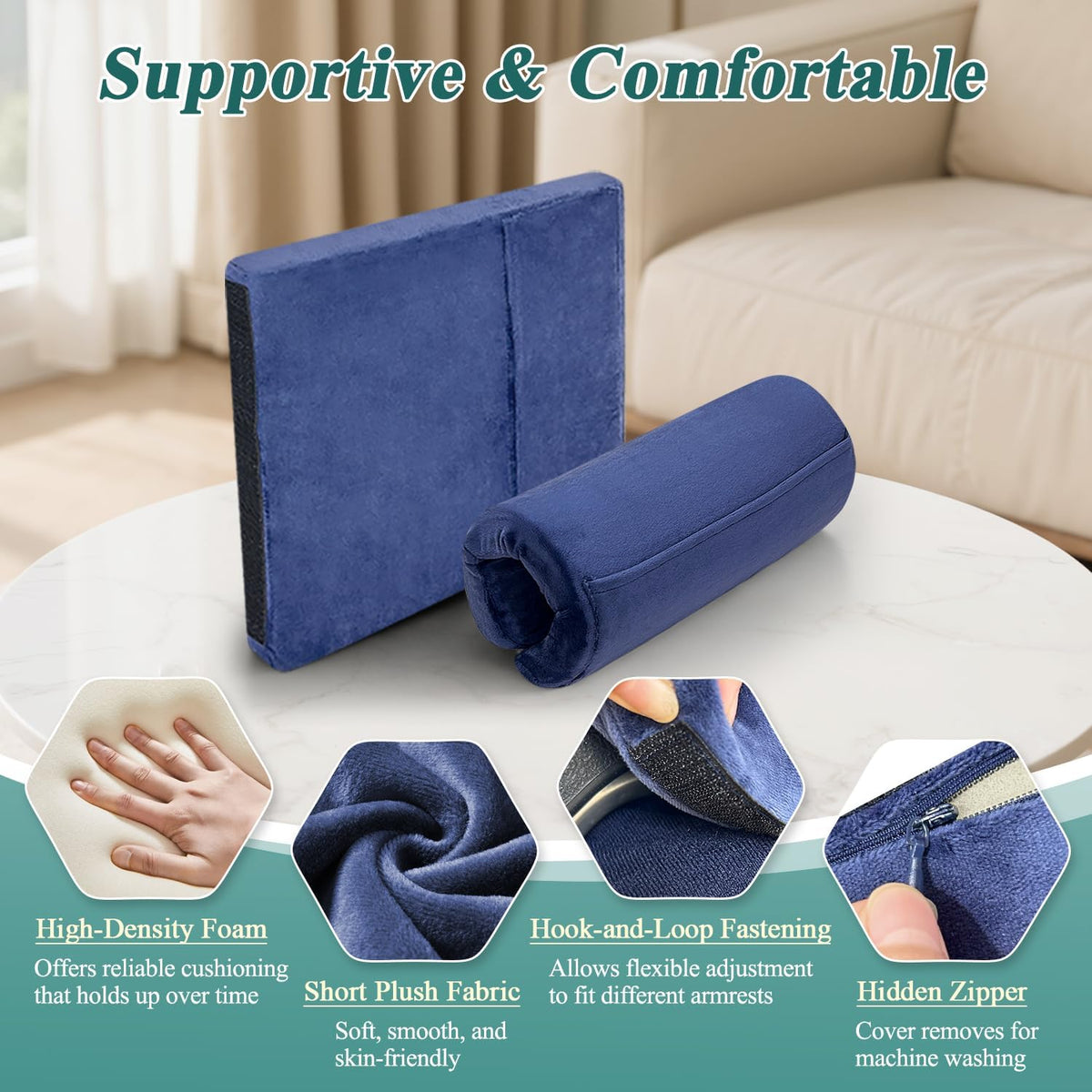 Wheelchair Armrest Covers Pads (2 Pcs), Foam Arm Rest Cover Cushion for Wheelchairs, Accessories Pads for Transport Electric Wheel Office Chair Arm Rests, Non-Slip Arm Support Cushions with Pockets