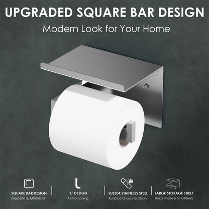 Auxmir Toilet Paper Holder with Shelf, Self Adhesive or Screw Mount, Black | Rustproof SUS304 Stainless Steel with Phone Shelf, Square Anti-Slip Bar, Fits Mega Rolls, Adhesive or Screw Installation