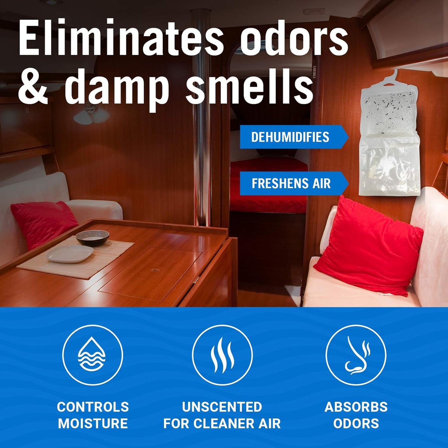 4 Pack Moisture Absorber Hanging Bags, Boat Dehumidifier with Charcoal | Unscented, Removes Dampness and Musty Odors, Ideal for Basement, Closet, Home, Car, RV, and Boating