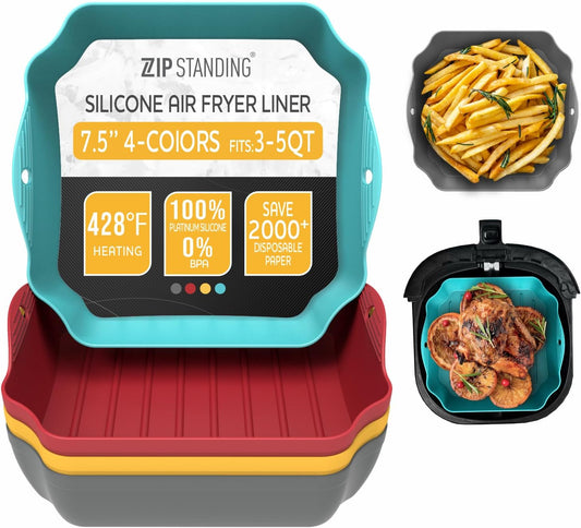 Reusable Silicone Air Fryer Liners Set, 7.5" Square Liners for 4-7QT Air Fryer Tray Baking Oven, Handles & Holes, by Zip Standing