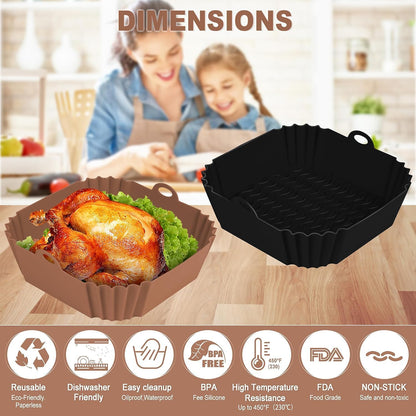 Boribim 2 PCS Square Silicone Air Fryer Liners - 8 Inch Reusable Air Fryer Pot - Air Fryer Accessories - Air Fryer Inserts for 4 to 7 QT Oven Microwave Accessories (Red + Blue)