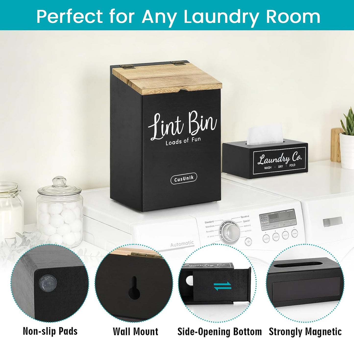 Magnetic Lint Bin and Dryer Sheet Holder Set for Laundry Room Organization | Wall Mounted Laundry Organization and Storage,Wooden Lint Trash Can with Lid and dryer sheet dispenser,Laundry Room Trash Can