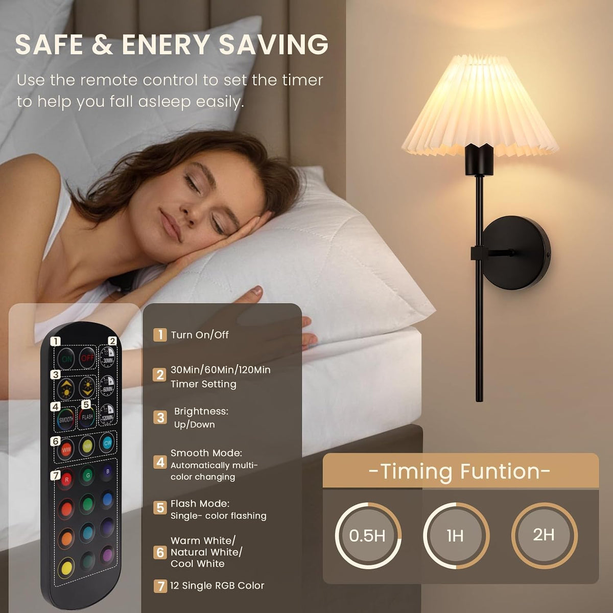 Rechargeable Battery Operated Wall Sconce Sets of 2, 15 Colors Wireless gooseneck Black Wall Lights Fixture with Dimmable Bulbs and Remote, Not Hardwired Wall Mounted Lamps for Bedroom Living Room