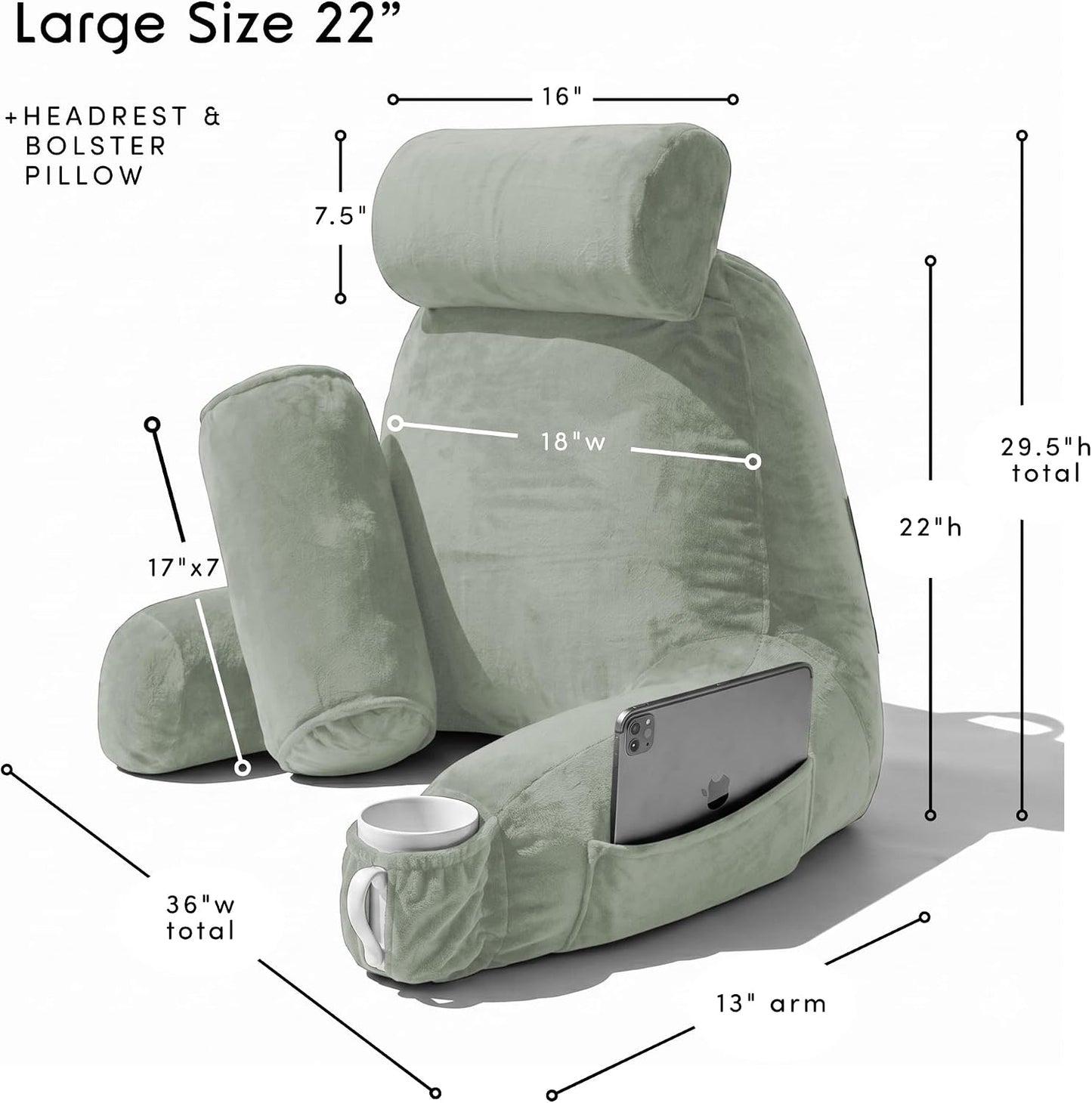 Nestl Reading Pillow with Shredded Memory Foam, Designed for Sitting Up in Bed and Couch, Back and Arms Adjustable Support for Adult & Teens Backrest Pillows for Reading, with Washable Cover Dark Grey