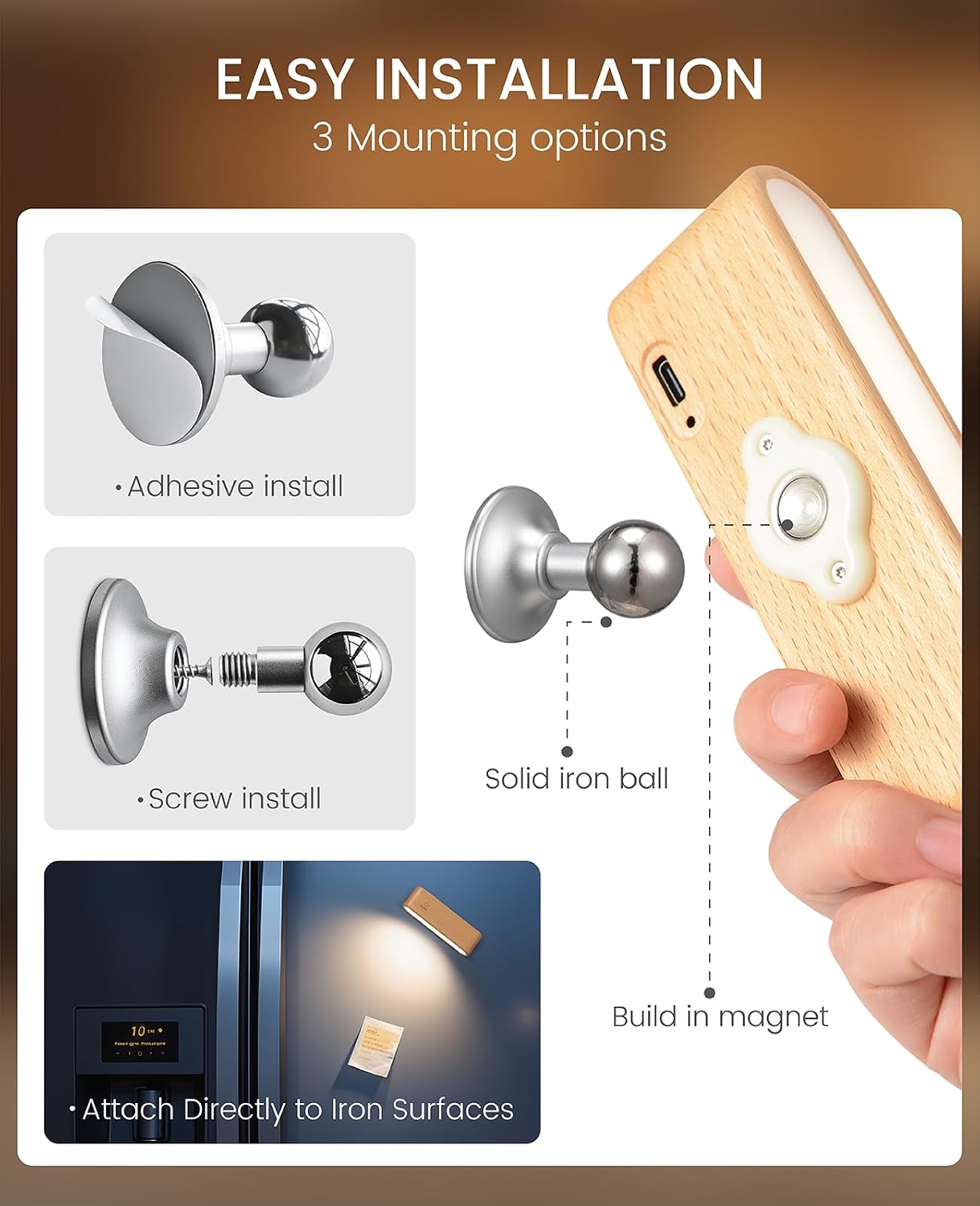 Rechargeable Wall Sconce, Reading Light for Bed, Magnetic Wood Lamp | Set of 2, Black Walnut, Touch Control, Adjustable Brightness, 4000K Nautral Light for Reading, Headboard Light, 360° Rotation