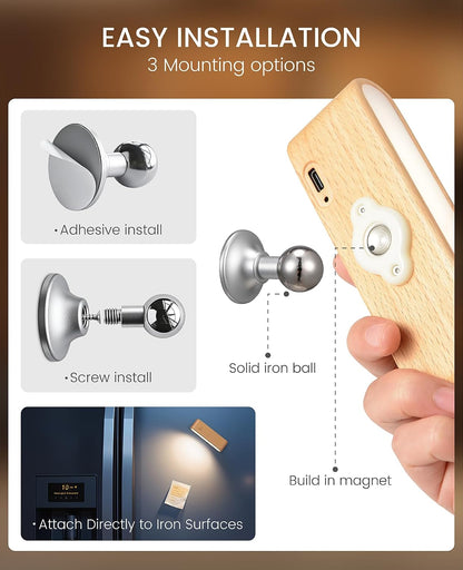 Rechargeable Wall Sconce, Reading Light for Bed, Magnetic Wood Lamp | Set of 2, Black Walnut, Touch Control, Adjustable Brightness, 4000K Nautral Light for Reading, Headboard Light, 360° Rotation