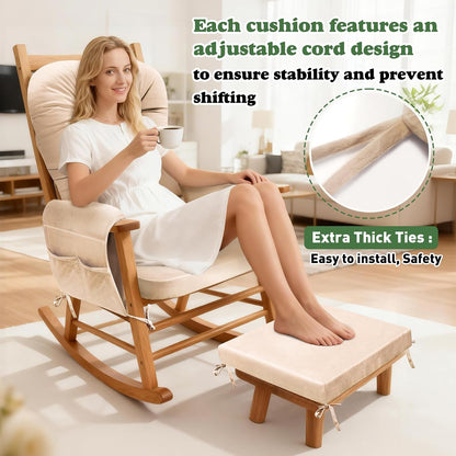 JZHLLA Glider Rocker Replacement Cushion Set with Storage Pockets Soft Flannel Fabric & High-Resilience Foam Non-Slip Back Rocking Chair Cushion for Living Room Rocking Chair(Beige)