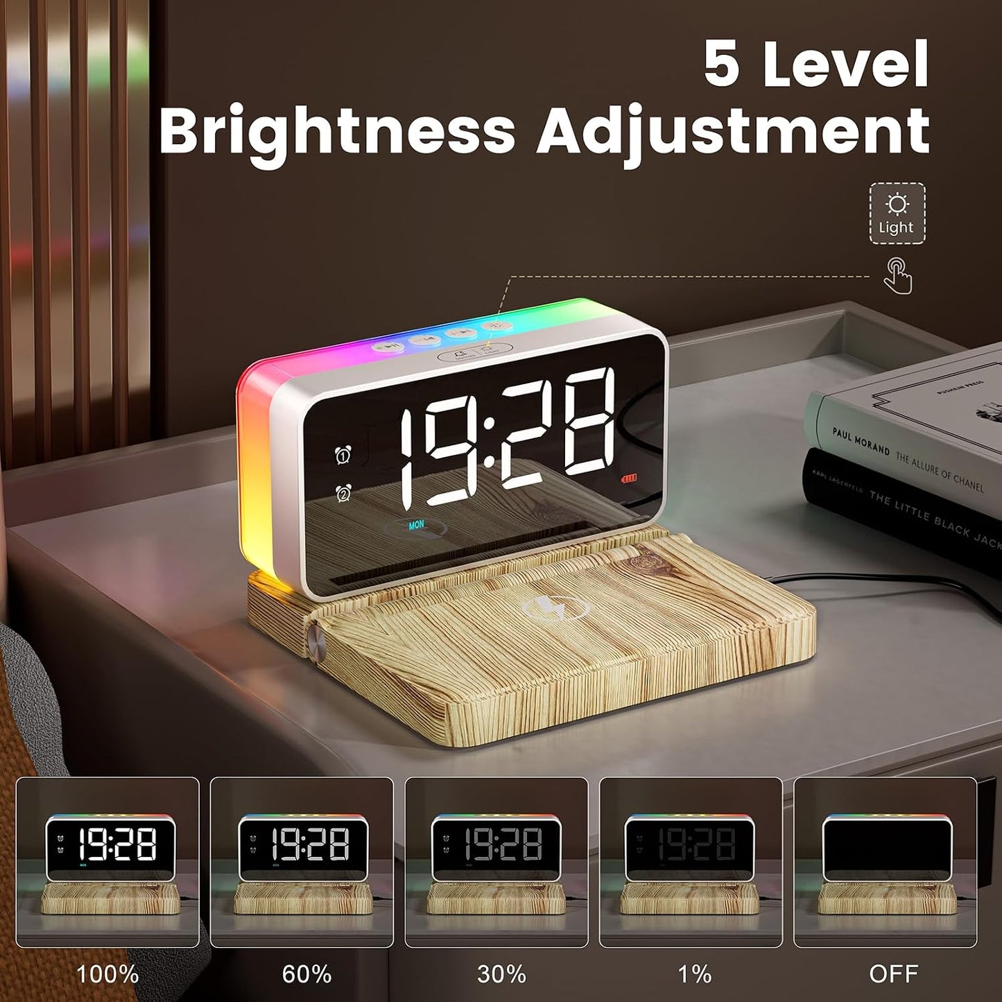 Alarm Clock for Heavy Sleeper,Wireless Charging,Bluetooth Speaker | Dual Alarms for Bedroom,10W Wireless Charging,White Noise Sound Machine, Ideal Gift for Adults,Teens,Kids,Senior (Wood Grain)