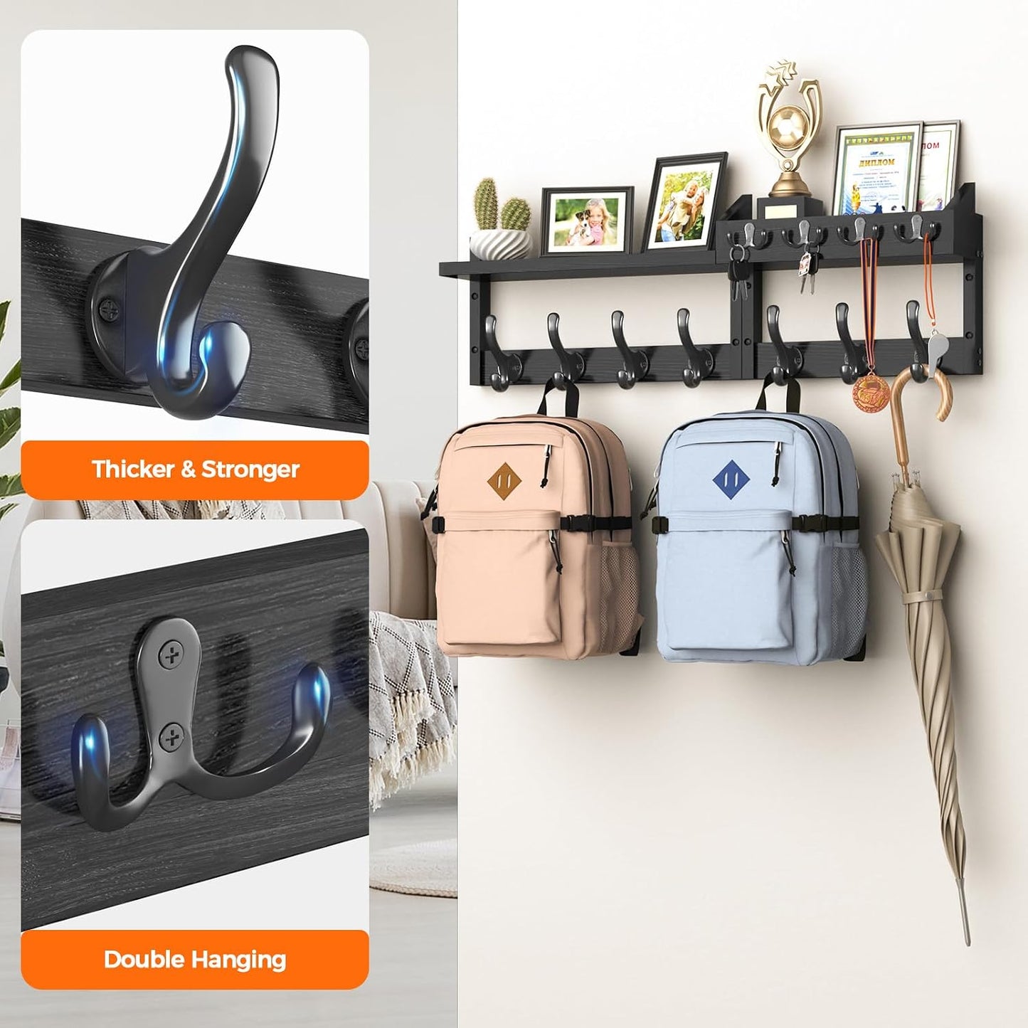Evermagin 29" Coat Rack Wall Mount with Shelf & 11 Hooks, Entryway, Black | Wooden Wall Mounted Coat and Key Rack with Hooks, Key Hanger with Mail Holder for Living Room, Mudroom, Bedroom