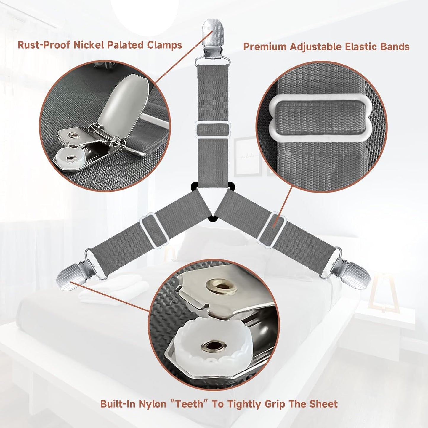 Bed Sheet Straps, Upgrade Fitted Bed Sheet Holders for Corners, Non Slip Sheet Clips White 4Pcs