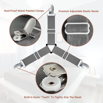Bed Sheet Straps, Upgrade Fitted Bed Sheet Holders for Corners, Non Slip Sheet Clips White 4Pcs