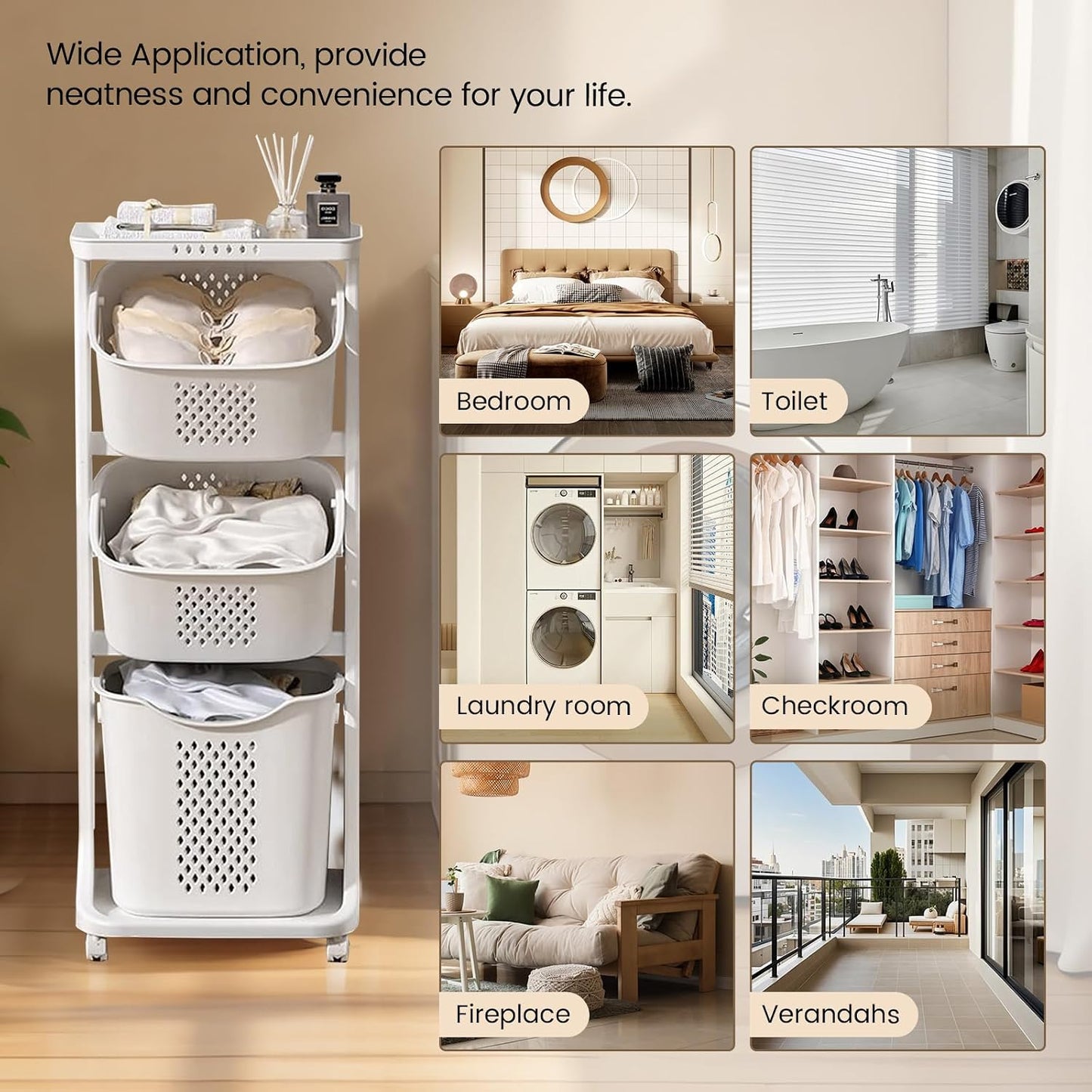 BAOKALER 4-Tier Laundry Hamper Sorter, Vertical Laundry Baskets with Wheel | Rolling Stackable Laundry Cart Removable, Organizer and Storage for Small Space, Dorm, Closet, Bathroom