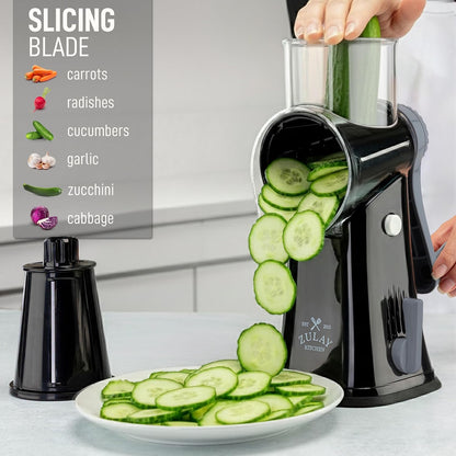 Zulay Kitchen Rotary Cheese Grater 5 Blade Cheese Shredder - Manual Hand Crank Cheese Grater With Reinforced Suction & 5 Interchangeable Drums - Easy to Use, Vegetable Chopper Round Mandoline Slicer - Colors B