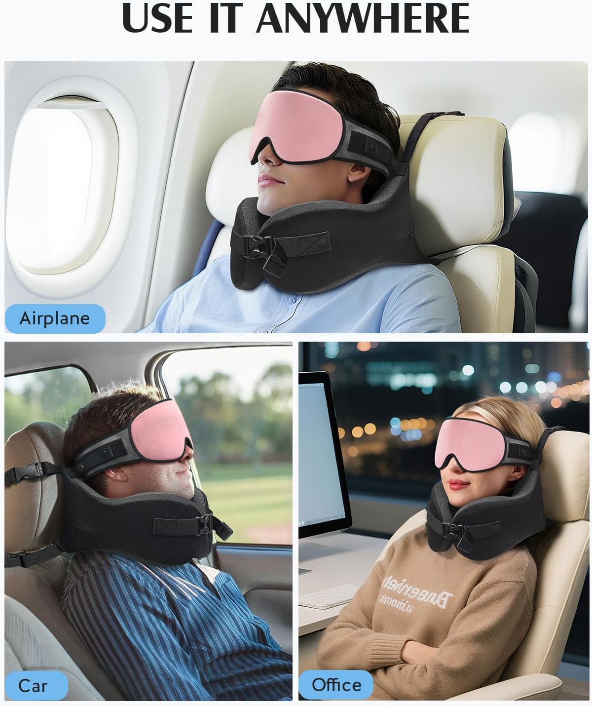 YFONG Travel Pillow with Head Support & Sleep Mask for Long Flights, Black | Patented 360° Support System, Prevents Bobbing, Airplane Head Strap, 3D Eye Mask, Memory Foam Neck Pillow, Travel Essential