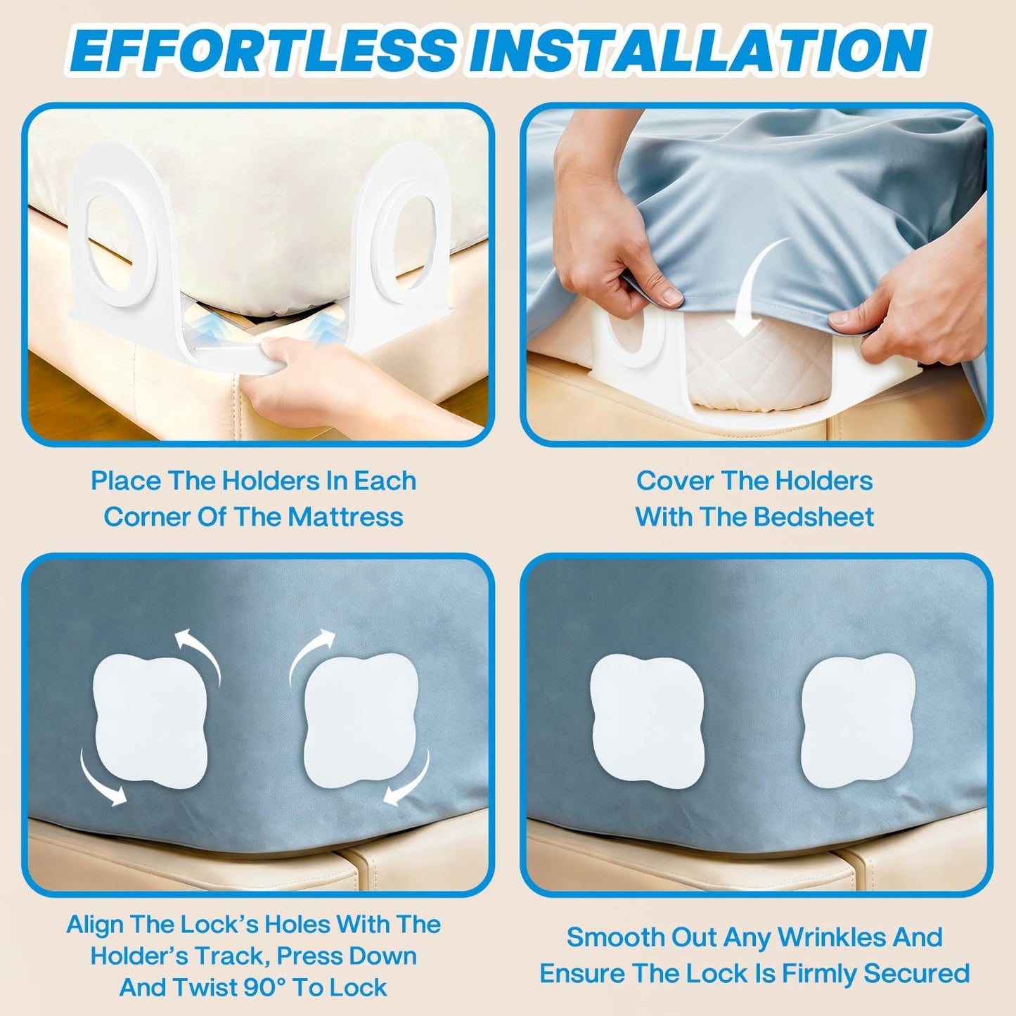 Bed Sheet Holders for Corners - Fitted Sheet Clips with Heavy - Duty Bed Sheet Grippers, Universal Bed Lock Sheet Straps to Stop Slipping, Includes Cloud Sleep Mask & Noise-Canceling Earplugs