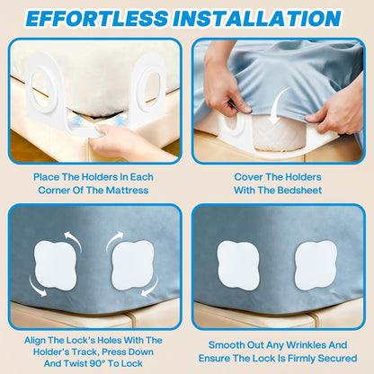 Bed Sheet Holders for Corners - Fitted Sheet Clips with Heavy - Duty Bed Sheet Grippers, Universal Bed Lock Sheet Straps to Stop Slipping, Includes Cloud Sleep Mask & Noise-Canceling Earplugs