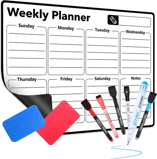 Magnetic Dry Erase Calendar for Refrigerator - 11"x8" Compact Fridge Whiteboard with 6 Markers & 2 Erasers, Weekly Planner, Sunday Start
