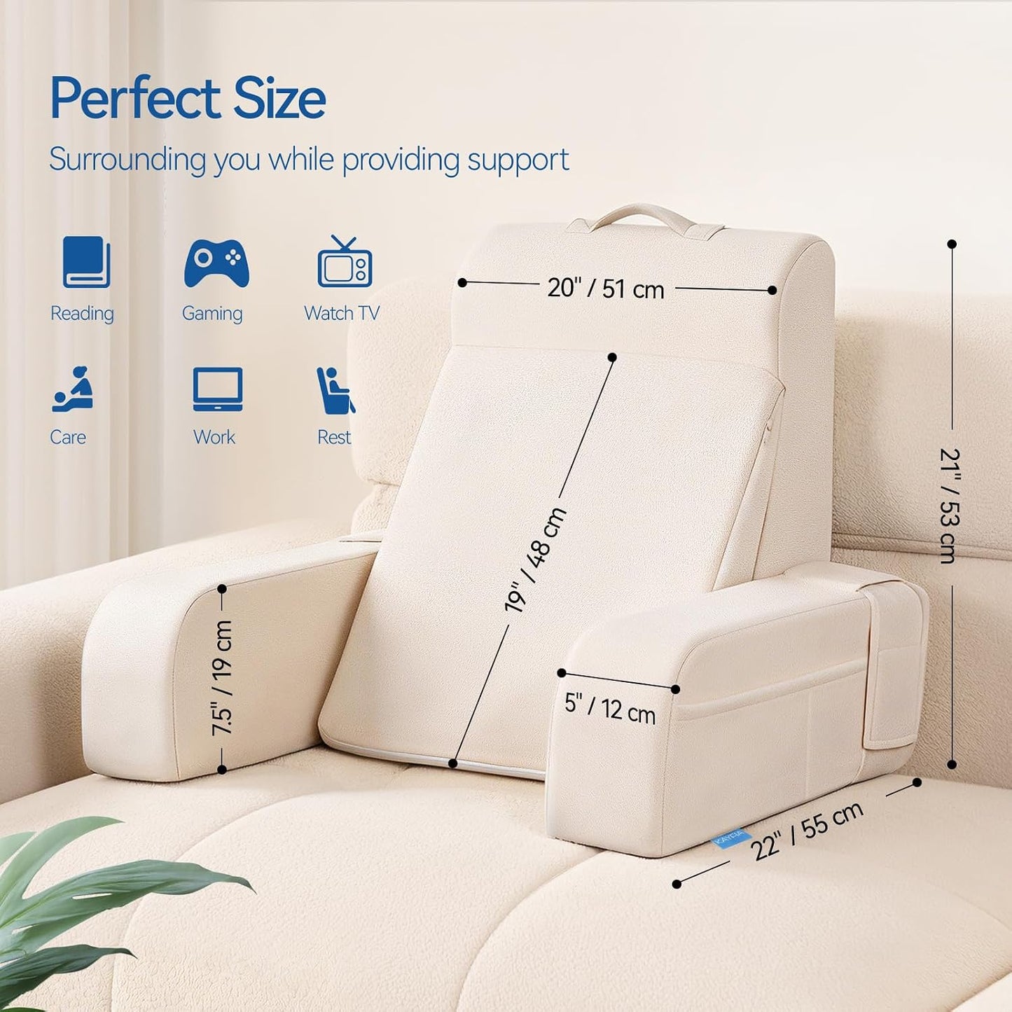 Kayfia Reading Pillow, Gel Memory Foam Back Rest Pillow, 19", Gray | 3 Storage Pockets, Dual-Use Back Leg Support Pillow, Detachable Armrests, Ideal for Reading, Gaming, Working on Bed & Couch