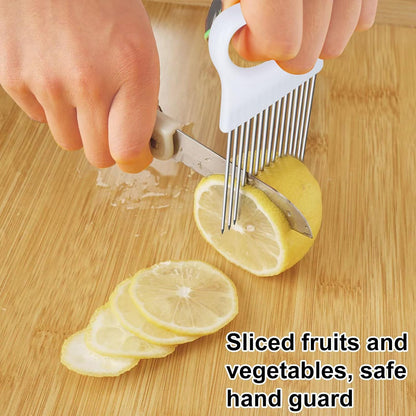 2Pcs Ruooson Onion Holder for Slicing, Stainless Steel Prongs Kitchen Slicer, Lemon Potato Cucumber Vegetable Cutter Comb,Meat Tenderizer,(white and blue).