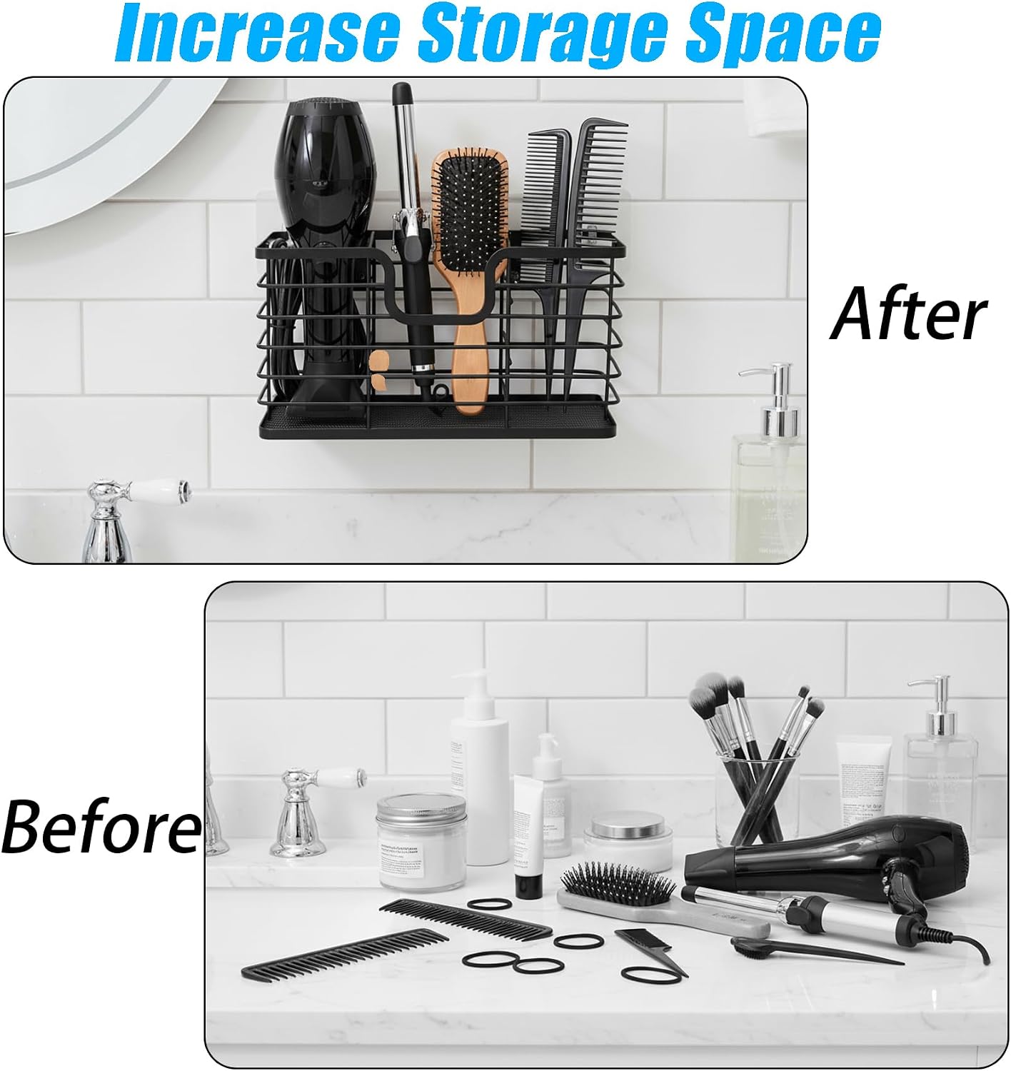 Nicunom Hair Dryer Holder, 3 in 1 Hair Tool Organizer Wall Mounted/Cabinet Door Blow Bathroom Organizer Ajustable Wire Storage Basket for Curling Iron, Flat Iron, Straightener, Styling Tools