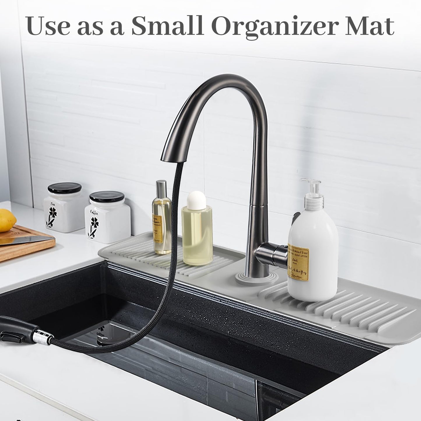 PoYang 23.6 Inch Silicone Sink Splash Guard, Kitchen Sink Mat, Light Grey | Faucet Mat with Wide Drainage & Cuttable Hole, Keeps Faucet Base Dry, Long & Short Sink Protectors for Kitchen, Bathroom & RV