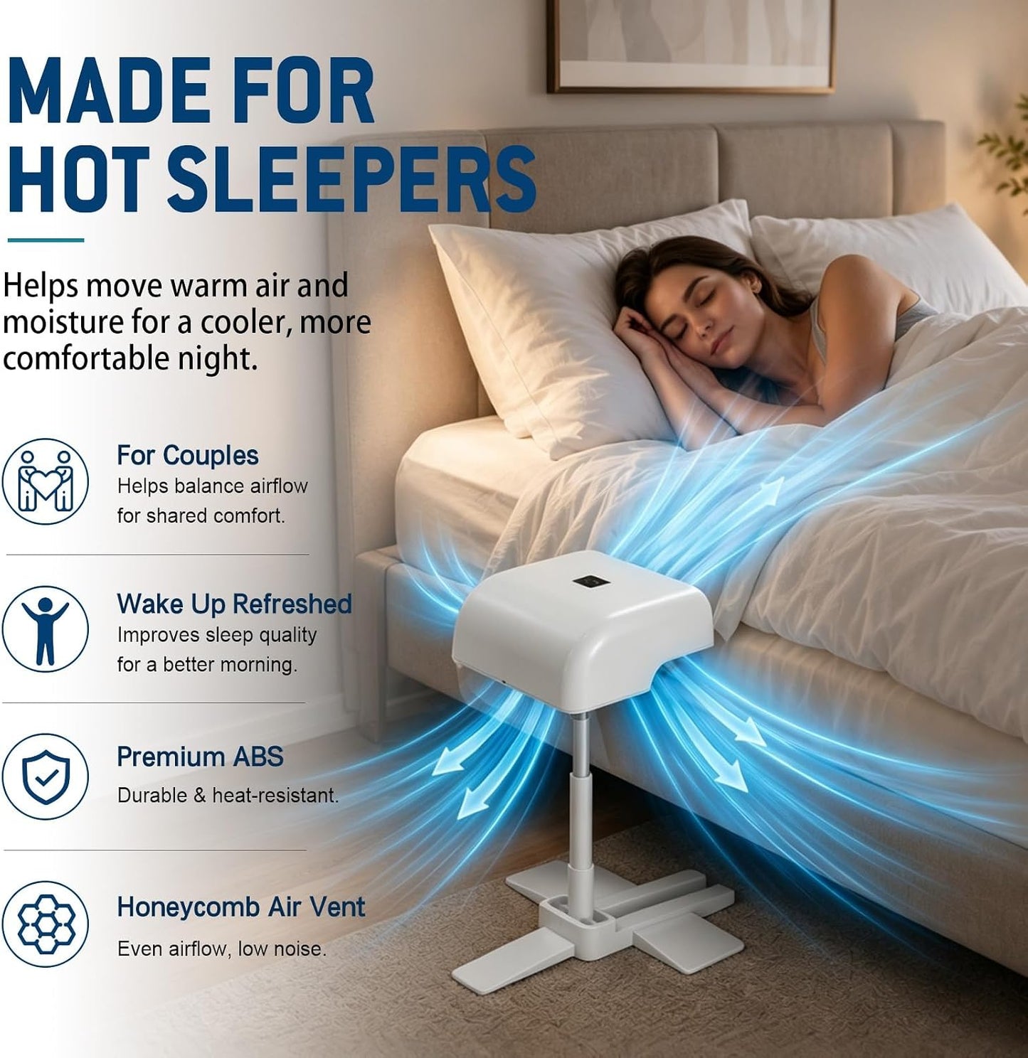 Rechargeable Bed Cooling Fan Under Sheets for Hot Sleepers | Under-Sheet Cooling System With Remote Control, 5 Quiet Speeds, Adjustable Height And Long-Lasting 10000mah Battery