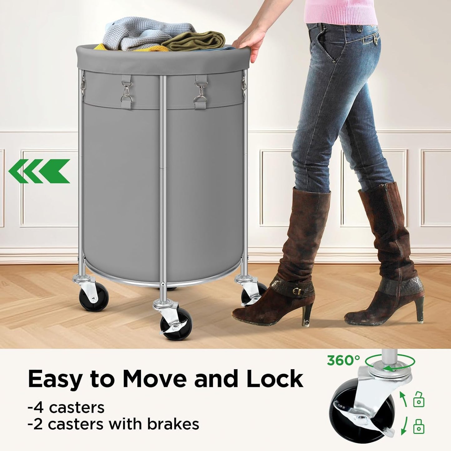 100L Round Rolling Laundry Hamper Basket with Wheels, Grey | Laundry Sorter Cart with Removable Bag, Clothes Organizer, Metal Frame, Bedroom, Bathroom, Laundry Room, Dorm Use