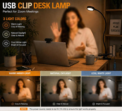 USB Clip-On Lamp, Eye Caring Dimmable Reading Light (Warm+Cool White, 8W) | Dimmable, Inline Switch, 1M Timer, USB 5V Port, 3000K+6000K, 81inch Long Cable, Flexible Gooseneck, Metal Head and Clip