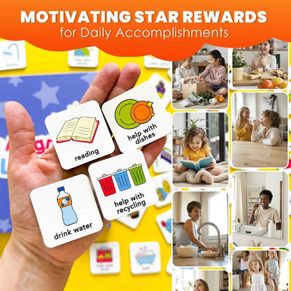 Magnetic Chore Chart for Kids - Reward Behavior Chart for Kids at Home | Dry Erase Morning Routine Schedule Board - Responsibility Star Chart for Toddlers 3-5 - 48 Magnets and 49 Stars