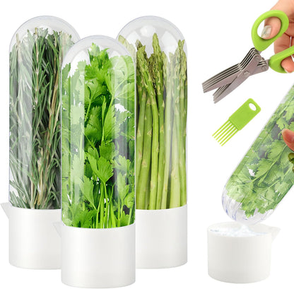 2 Pack Herb Keeper for Refrigerator, Vertical Herb Keeper for Fridge with Scissors, Vegetable Preservation Container for Cilantro, Parsley, Mint&Asparagus, Extends Freshness for 2-3 Weeks
