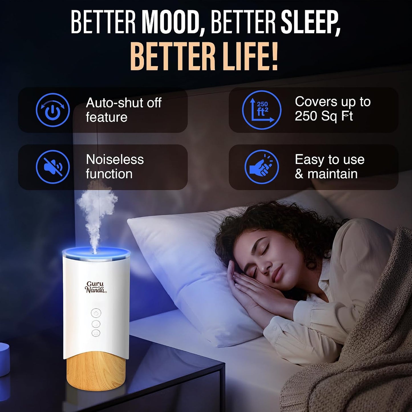 GuruNanda Calm Aura Essential Oil Diffuser, Sleek Modern Corded Electric Aromatherapy Diffuser with Turbo & Mist Modes, Auto Shut-Off Safety, Covers 250 Sq Ft, White, 100 ml