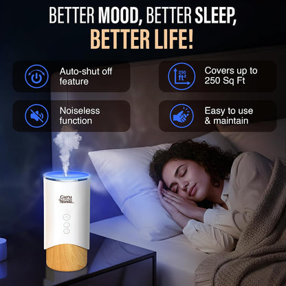 GuruNanda Calm Aura Essential Oil Diffuser, Sleek Modern Corded Electric Aromatherapy Diffuser with Turbo & Mist Modes, Auto Shut-Off Safety, Covers 250 Sq Ft, White, 100 ml