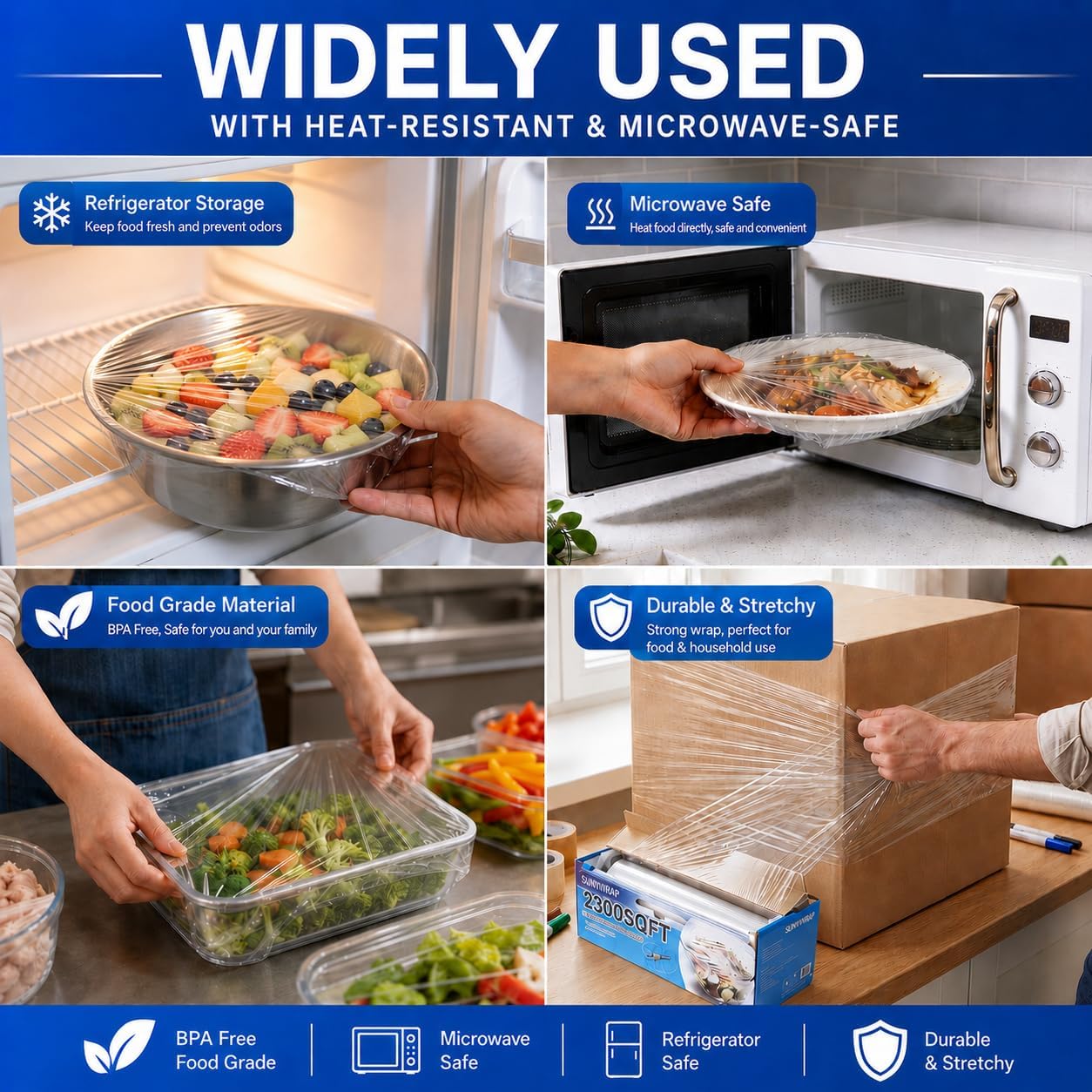12" x 2300 SqFt Plastic Wrap with Slide Cutter, Cling Wrap for Kitchen | Commercial Size Extra-Long Roll with Built-in Roller, Heavy Duty Plastic Food Wrap for Home or Restaurant BPA Free