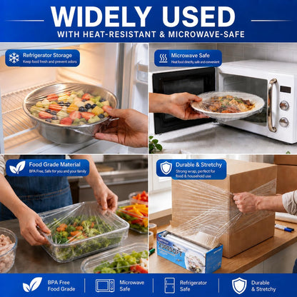 12" x 2300 SqFt Plastic Wrap with Slide Cutter, Cling Wrap for Kitchen | Commercial Size Extra-Long Roll with Built-in Roller, Heavy Duty Plastic Food Wrap for Home or Restaurant BPA Free