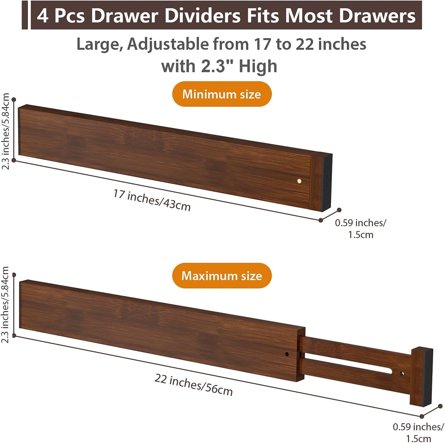 4 PCS Drawer Divider, 17"-22" Adjustable Bamboo Drawer Dividers Organizers, Expandable Separators for Kitchen, Clothes, Dressers, Home, Office
