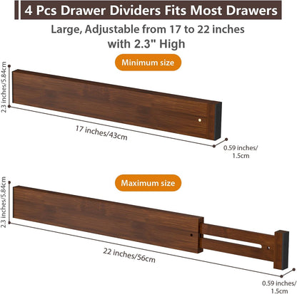 4 PCS Drawer Divider, 17"-22" Adjustable Bamboo Drawer Dividers Organizers, Expandable Separators for Kitchen, Clothes, Dressers, Home, Office