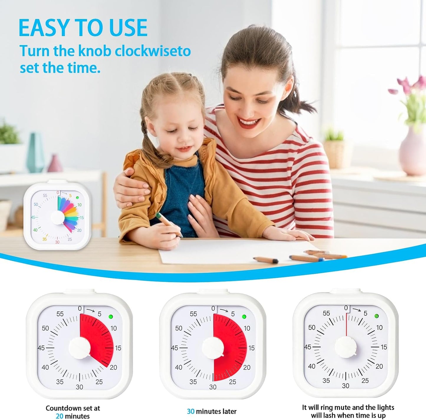 Visual Timer for Kids 60 Minute Countdown Timer Rainbow Disk Desk Timer Clock for Classroom Study Office Kitchen with Silent Operation (Purple)