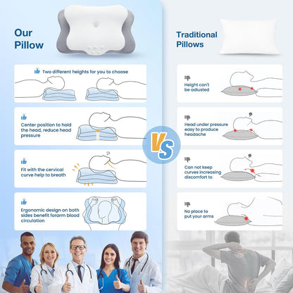Cervical Pillow for Neck Pain Relief, Cooling Contour Memory Foam Pillows Support Odorless Ergonomic Neck Pillow Adjustable Orthopedic Bed Pillow for Side Back Stomach Sleeper with Pillowcase,Snow
