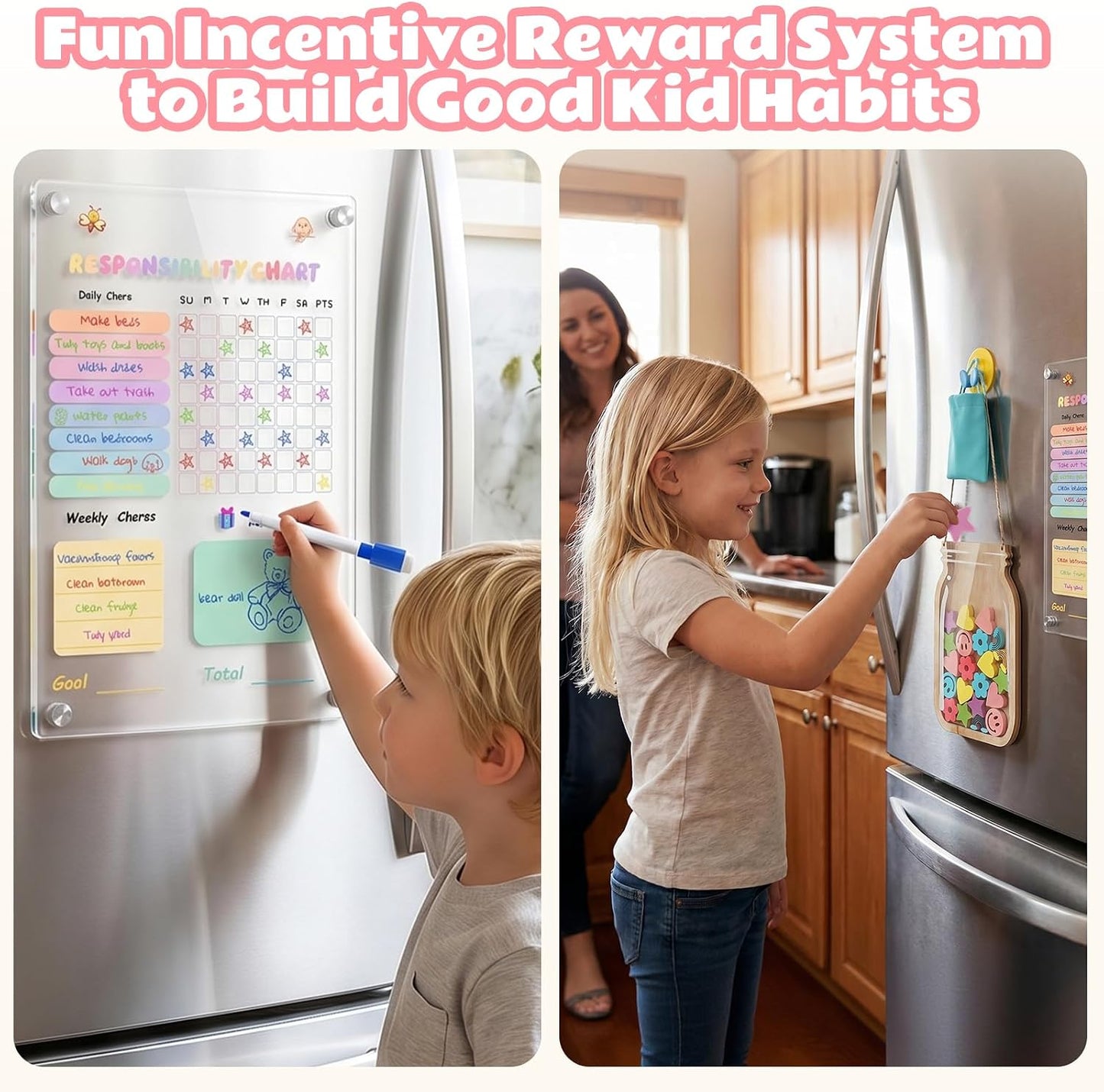 Acrylic Magnetic Chore Board for Kids | Dry Erase Fridge Calendar & Star Reward Jar, Visual Schedule, Potty Training Tracker with Wooden Stars, Markers & Stickers