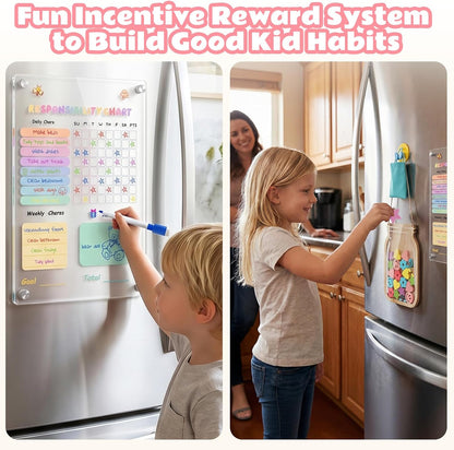 Acrylic Magnetic Chore Board for Kids | Dry Erase Fridge Calendar & Star Reward Jar, Visual Schedule, Potty Training Tracker with Wooden Stars, Markers & Stickers